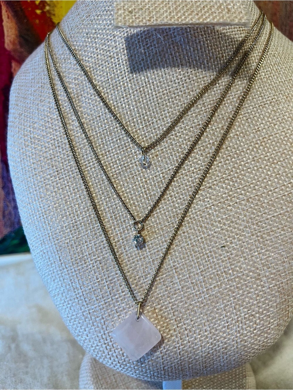 🌈 3/$10 Layered Pink Rose Quartz, Crystal & Silver-Tone Pendant Necklace